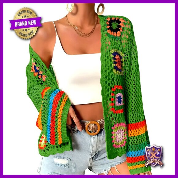 Sweaters - Crochet Cardigan Sweater, Boho Floral Pattern, Open Front, Recycled Material